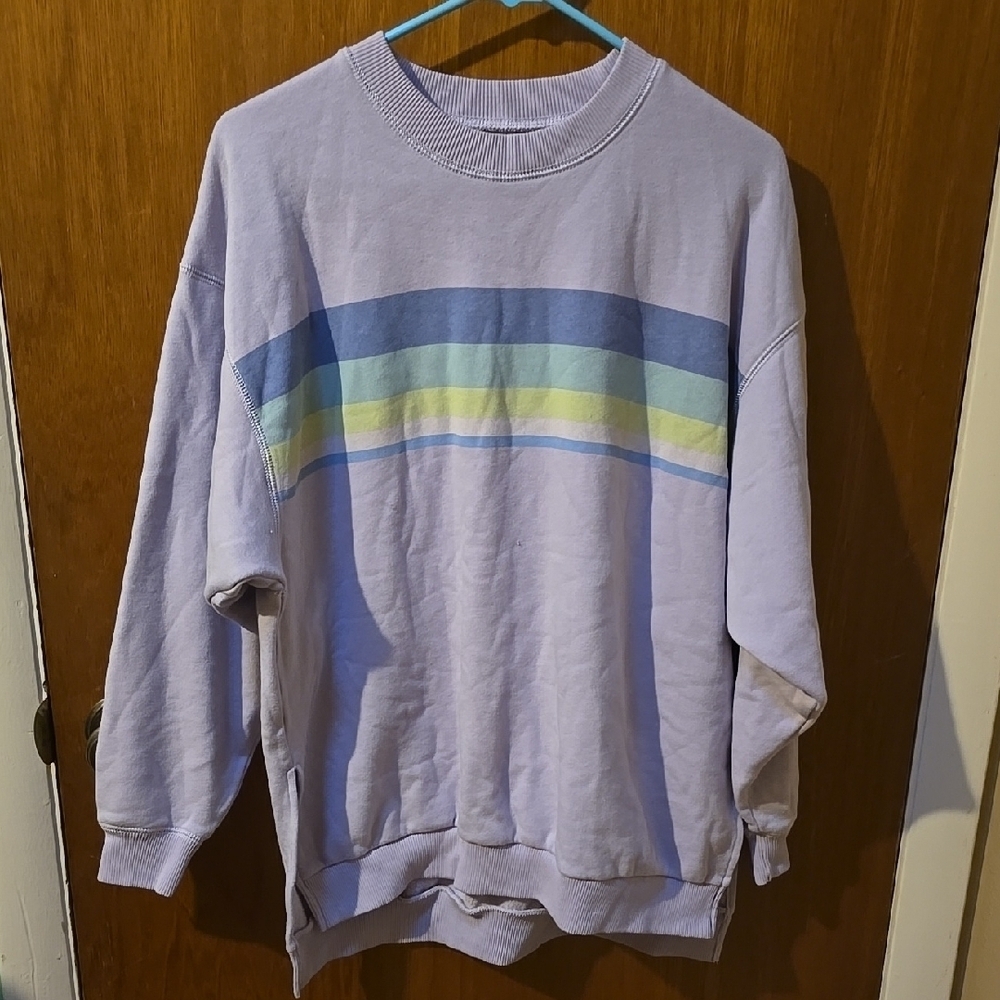 American Eagle Outfitters Lavender Crewneck Sweater with Pastel Stripes XS